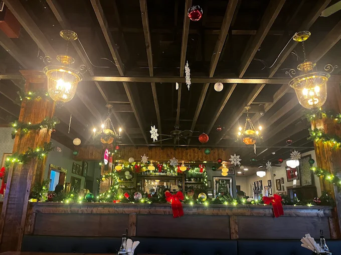 Garland, bows, and ornaments inside McHale's restaurant