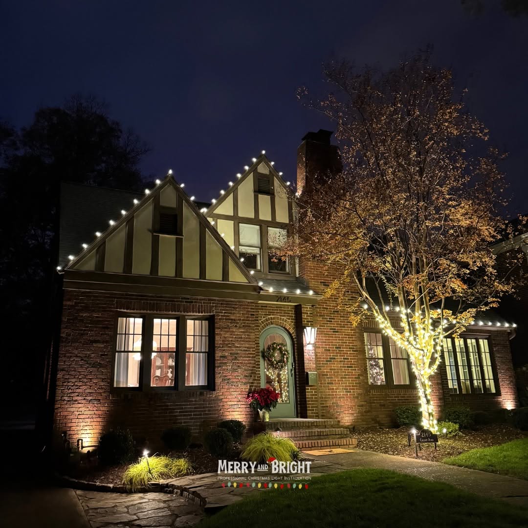 Warm white roofline and tree lighting on a Myers Park home