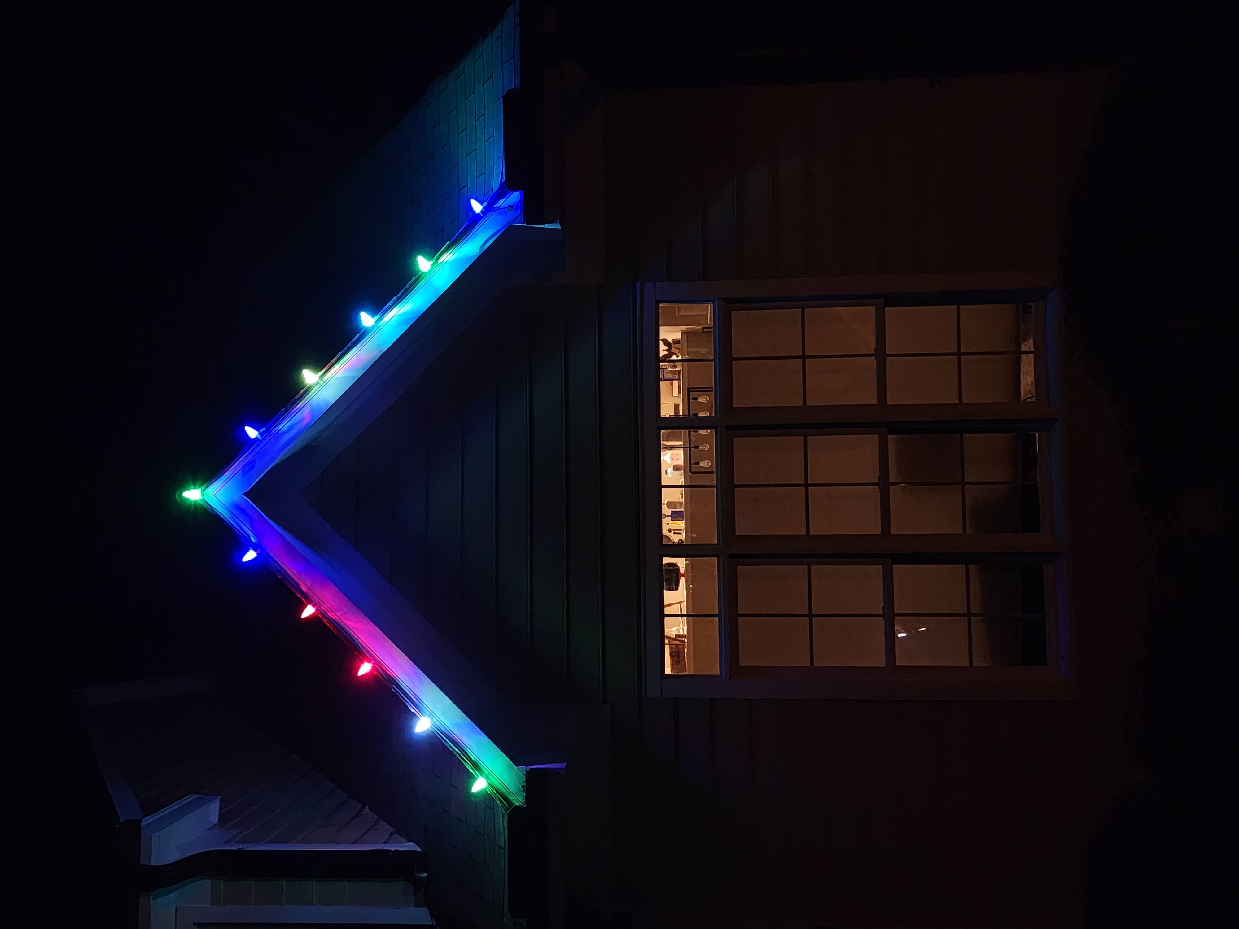 Dynamic color-changing RGB C9 bulbs on the same sample roof peak